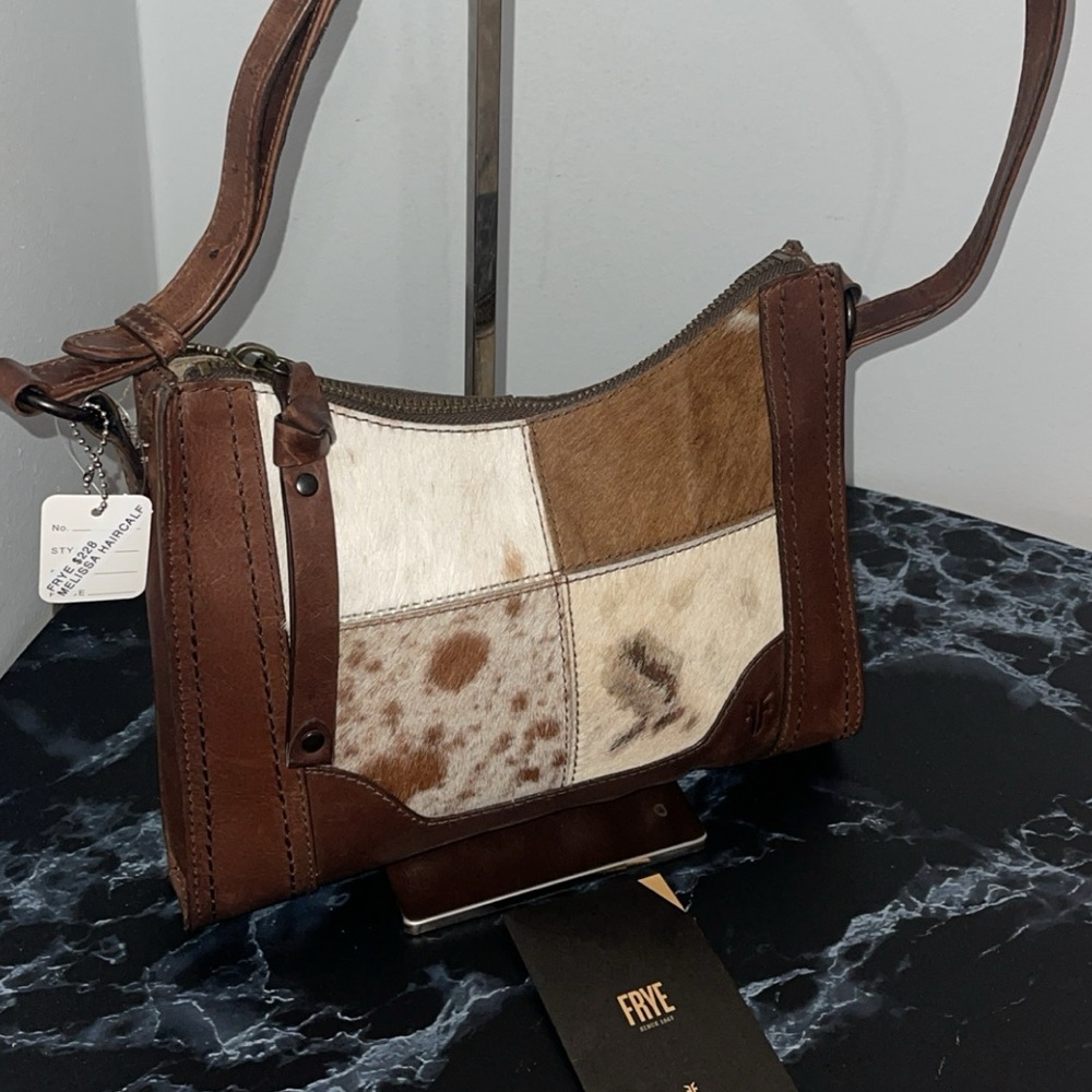 FRYE Handbag Melissa Haircalf Patchwork Leather Zip Crossbody Brown AUTHENTIC